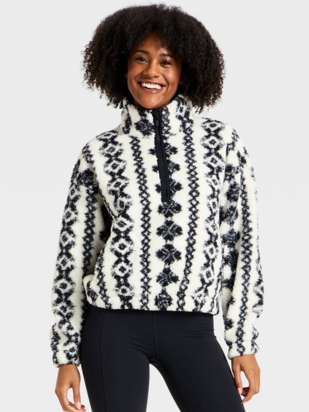 all in motion Black & White Geometric Sherpa Zip Jacket